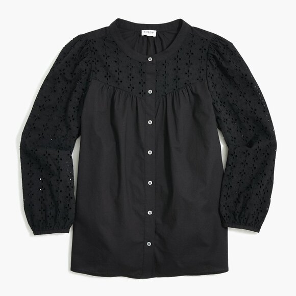 J. Crew Mixed Media Button Up Eyelet Blouse Top In Black Size S EUC - Picture 1 of 9
